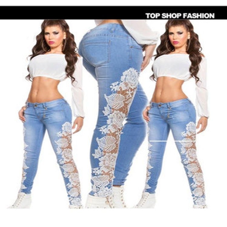 best-selling Cross-border New European And American Sexy Lace Hollow-out Denim Stretch Pants For Women_mkmklike.com