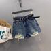 Dark Blue High-Waisted Washed Distressed Denim Shorts Women's Sexy Slimming Wide Leg Hot Pants Summer 2026 Arrival_mkmklike.com