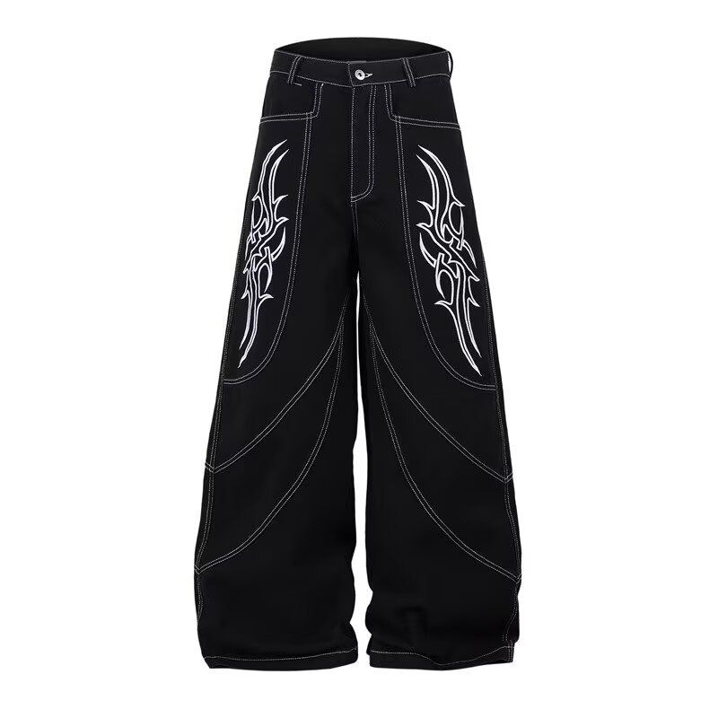 2026 Eco-friendly Fabric Niche Black Embroidery Washed Jeans Men's Trendy Brand Loose Street Teenager Straight And Micro-pull Pants_mkmklike.com