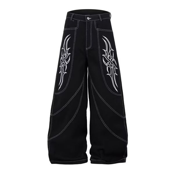 2026 Eco-friendly Fabric Niche Black Embroidery Washed Jeans Men's Trendy Brand Loose Street Teenager Straight And Micro-pull Pants_mkmklike.com