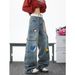 Unisex Vintage Washed Cargo Jeans With Embroidered Checkerboard Tie & Multi-Pockets, Loose Straight Leg Baggy Denim Pants For Men And Women_mkmklike.com