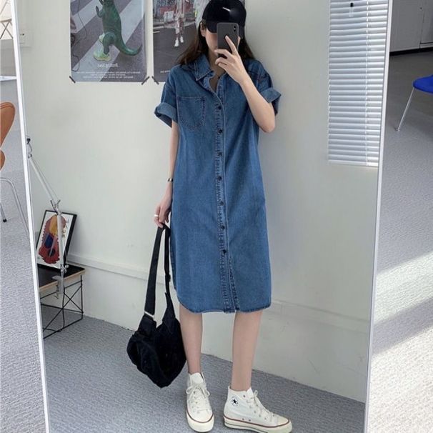 Denim Women's Spring Autumn Deep Blue Shirt Dress, 2025 New Style, Internet Famous Korean Version, Loose Casual Dress_mkmklike.com