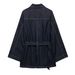 Women's Clothing Retro Indigo Blue Denim Jacket With Waist Cinching Belt Loose Long Sleeve Casual Fashion For Spring_mkmklike.com