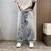 Unisex Retro High-Waisted Ripped Jeans Ink Splatter Pattern Straight Leg Trousers For Spring Autumn_mkmklike.com