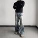 Washed Whiskered Premium Retro Denim Jeans, A Line Straight Leg With Slight Flare, Clean Fit Casual Pants_mkmklike.com