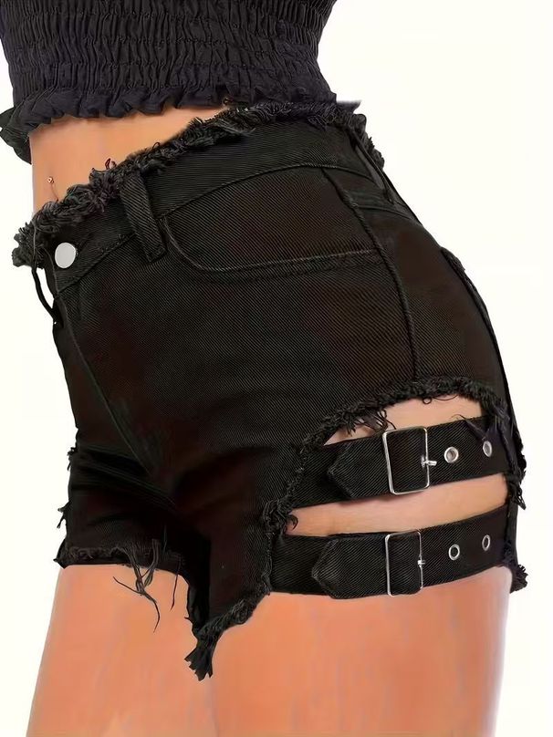 Black Denim Shorts For Women Frayed Edges Style Adjustable Elastic Waist Metal Buckle_mkmklike.com