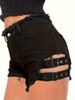 Black Denim Shorts For Women Frayed Edges Style Adjustable Elastic Waist Metal Buckle_mkmklike.com