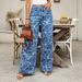 Women's Casual Loose Fit Washed Denim Wide Leg Pants With Print - Comfortable Cotton Blend High Waist Trousers For Everyday Wear (Blue, XS/S/M/L/XL)_mkmklike.com
