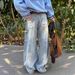 Textured Lazy Loose Scimitar Jeans Men's And Women's Vibe Trendy Brand Letter Design Casual Wide-leg Trousers_mkmklike.com