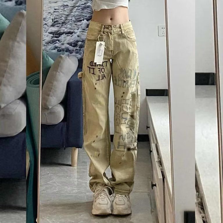 American Vibe Pants High Street Khaki Ink Splashing Embroidered Jeans Men's European And American Hiphop Tooling Straight-leg Pants_mkmklike.com