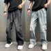 Studded Couple Jeans Trendy Spring Autumn Distressed Long Pants Gradient Faded Finish Floor Length Drawstring Elastic Waist_mkmklike.com
