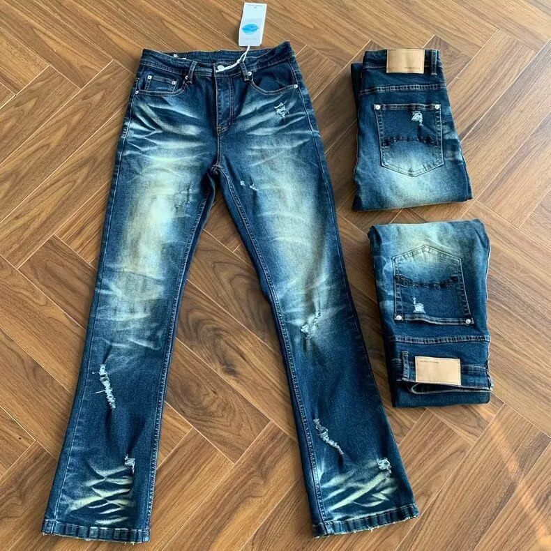 Men's Cleanfit Vintage Washed Distressed Cat Whisker Flared Stretch Jeans - Retro Denim Pants With Comfort Fit & Stylish Appeal_mkmklike.com