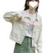 Chicco 2025 Spring New Korean Version Versatile Fresh Floral Embroidery Loose Turn-Down Collar Women's Short Denim Jacket_mkmklike.com