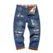 Men's Distressed Patchwork Relaxed Fit Fleece-Lined Straight Leg Denim Pants For Winter - Casual Streetwear Style_mkmklike.com