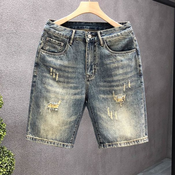 Men's Clothing Summer Casual Ripped Denim Shorts Washed Yellow Straight Leg Loose Fit Trendy Five-Point Pants_mkmklike.com