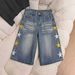 Men's High Waist Relaxed Fit Denim Shorts With Vintage Faded Starfish Print, Casual Wide Leg Cropped Beach Trousers_mkmklike.com