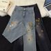Men's Summer Hong Kong Style High Street Trendy Hip Hop Jeans Personality Letter Print Handsome Trousers_mkmklike.com