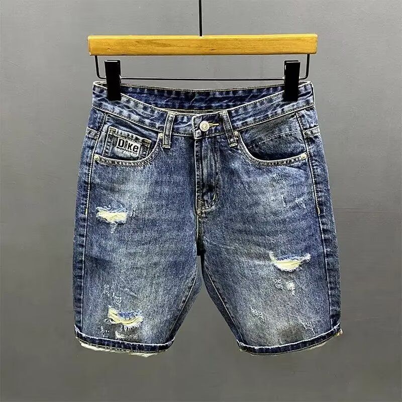 Men's Casual Slim Fit Denim Shorts Summer Style Trend Large Size Holes American Scratched All Match Korean_mkmklike.com