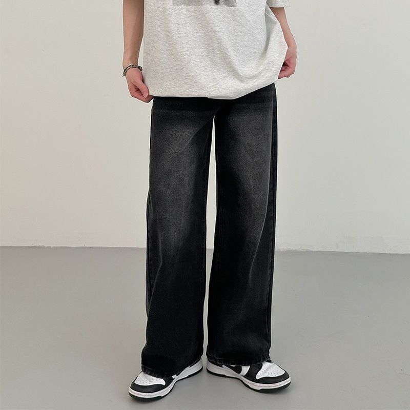 "Men's Washed Black Wide-Leg Jeans – Relaxed Straight Fit (Vintage Distressed, High-Waisted, Streetwear Staple For Spring/Fall)"_mkmklike.com