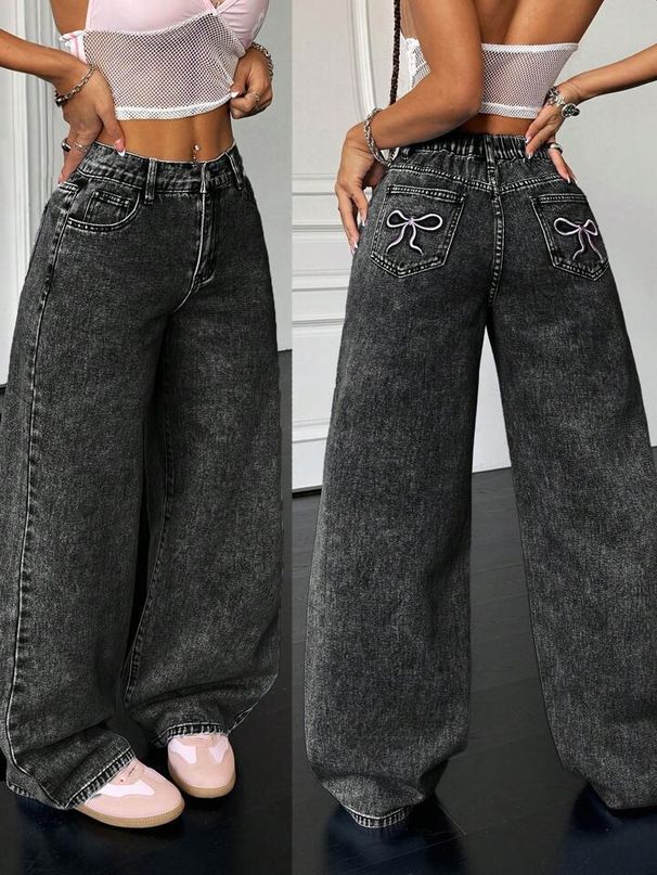 Vintage High-Waisted Jeans – 90s Retro Straight Leg (Black, Non-Stretch Cotton, Unisex Fit S-XL, Washed & Embroidered Detail)_mkmklike.com