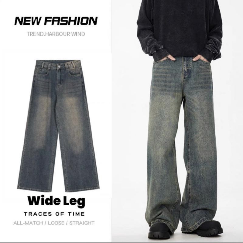 Teen Boys Vintage Style Loose Fit Straight Leg Jeans High Street Washed Denim Pants Blue Light Blue Black S to XXXL_mkmklike.com