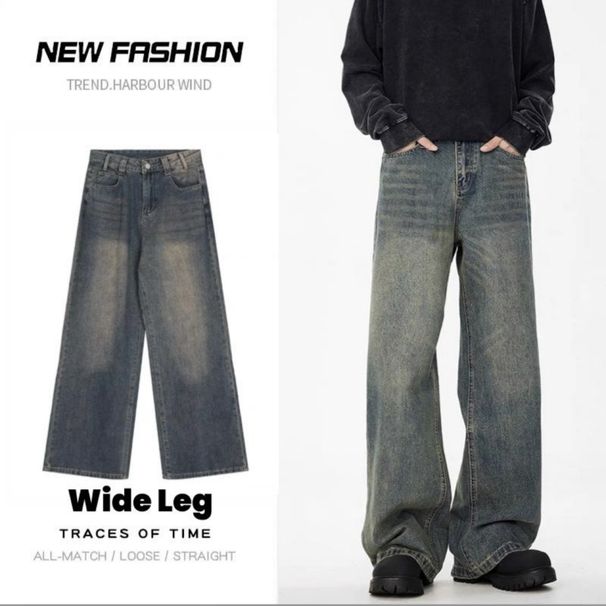 Teen Boys Vintage Style Loose Fit Straight Leg Jeans High Street Washed Denim Pants Blue Light Blue Black S to XXXL_mkmklike.com