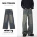 Teen Boys Vintage Style Loose Fit Straight Leg Jeans High Street Washed Denim Pants Blue Light Blue Black S to XXXL_mkmklike.com