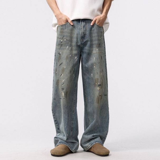 Men's Clothing High Street Retro Ink Splashed Jeans Distressed Dirty Washed Wide Leg Trousers_mkmklike.com