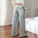 Women's Clothing Women's Peacock Blue Wide Leg Jeans - High Waist Relaxed Fit With Side Ribbon Detail_mkmklike.com