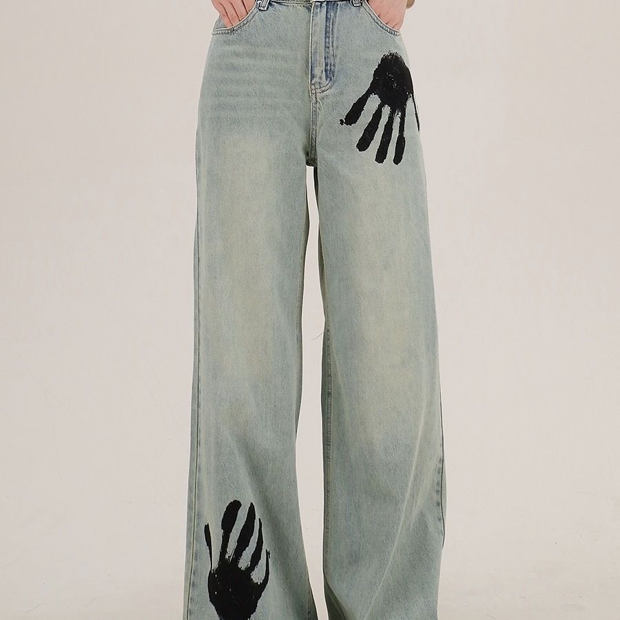 Spring And Autumn New American Street Style Palm Print Loose Floor-Length Jeans For Women Trendy_mkmklike.com