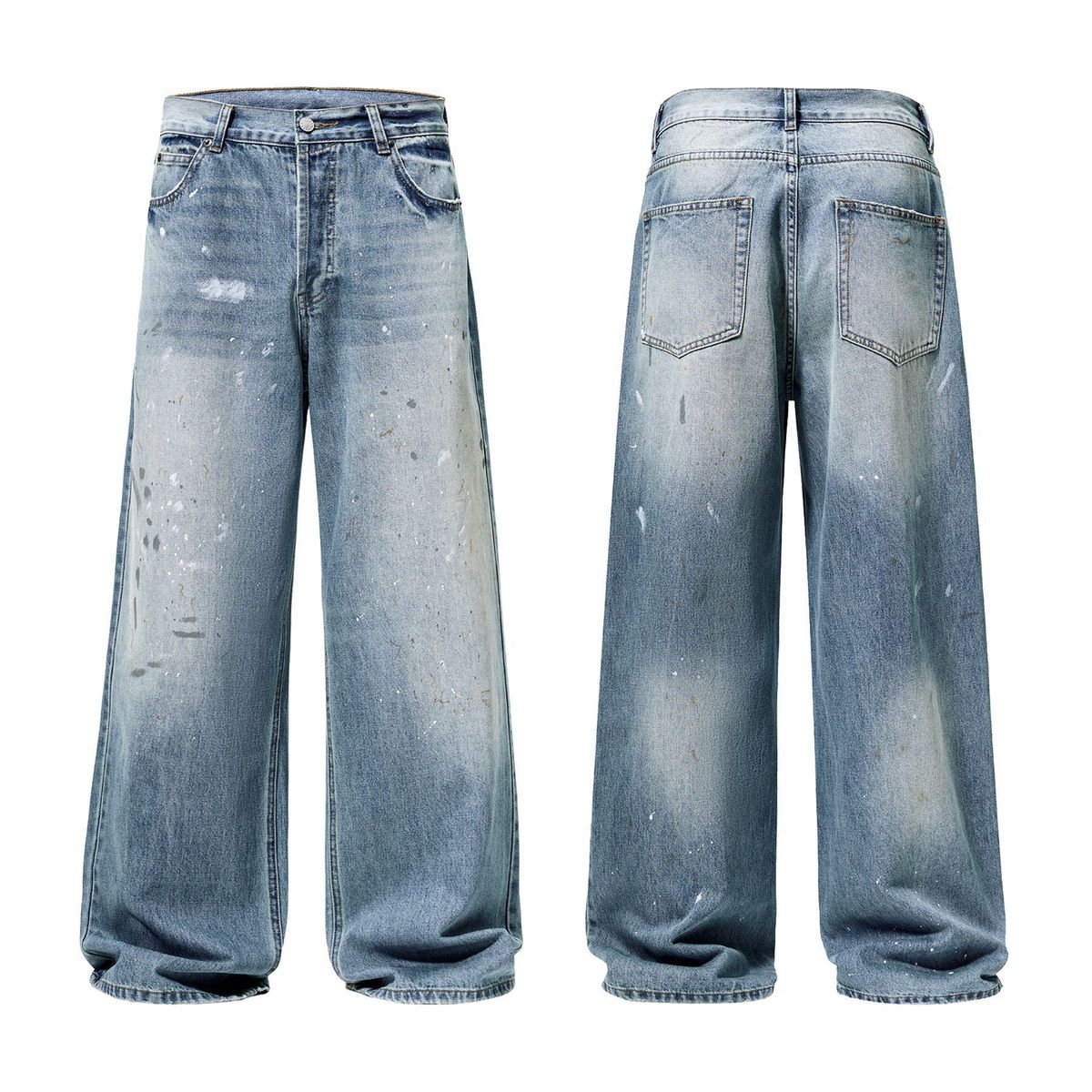 Vintage Washed Denim Jeans – Retro Splatter Paint Design, Straight-Leg Fit For Men (S-2XL)_mkmklike.com