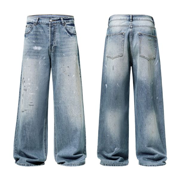 Vintage Washed Denim Jeans – Retro Splatter Paint Design, Straight-Leg Fit For Men (S-2XL)_mkmklike.com