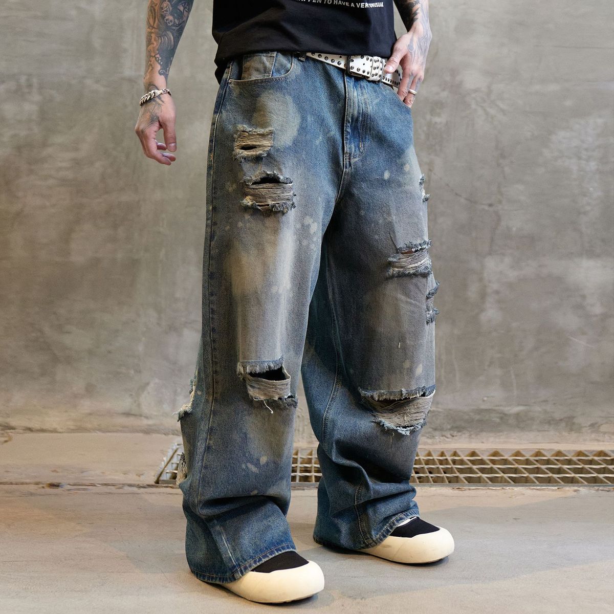 Men's Clothing American European And American Trendy Brand Dirty Washed Wide Leg Pants Ripped Jeans Men's Handsome High Street Loose Straight Trousers_mkmklike.com