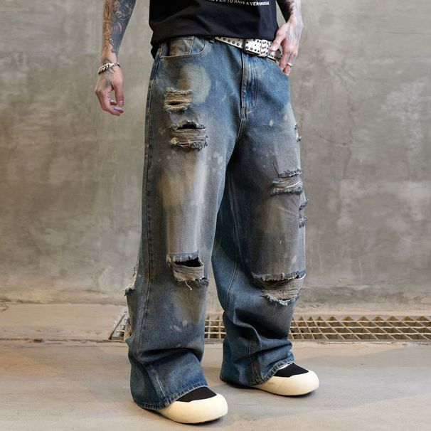 Men's Clothing American European And American Trendy Brand Dirty Washed Wide Leg Pants Ripped Jeans Men's Handsome High Street Loose Straight Trousers_mkmklike.com