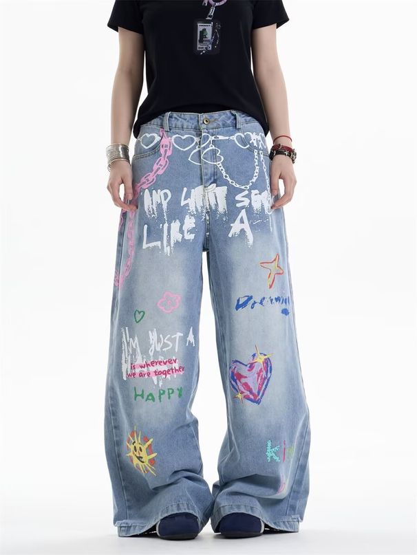 American Style Hot Girl Graffiti Waist Chain Printed Jeans Unisex Summer Versatile Slimming Straight Draped Wide-Leg_mkmklike.com