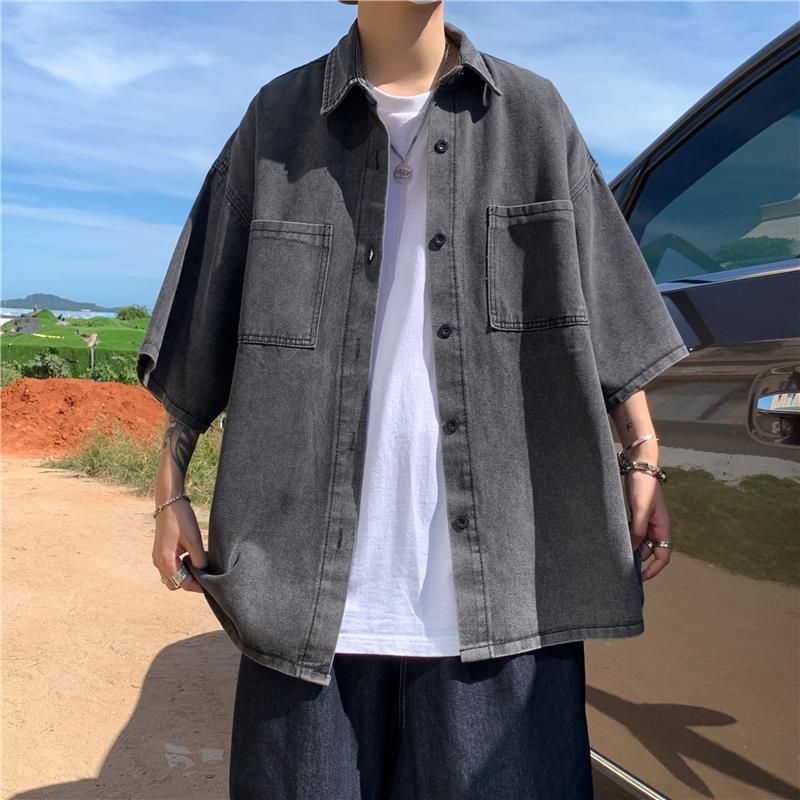 Men's Clothing Denim Short Sleeved Shirt Thin Three Quarter Sleeve Shirt Jacket_mkmklike.com