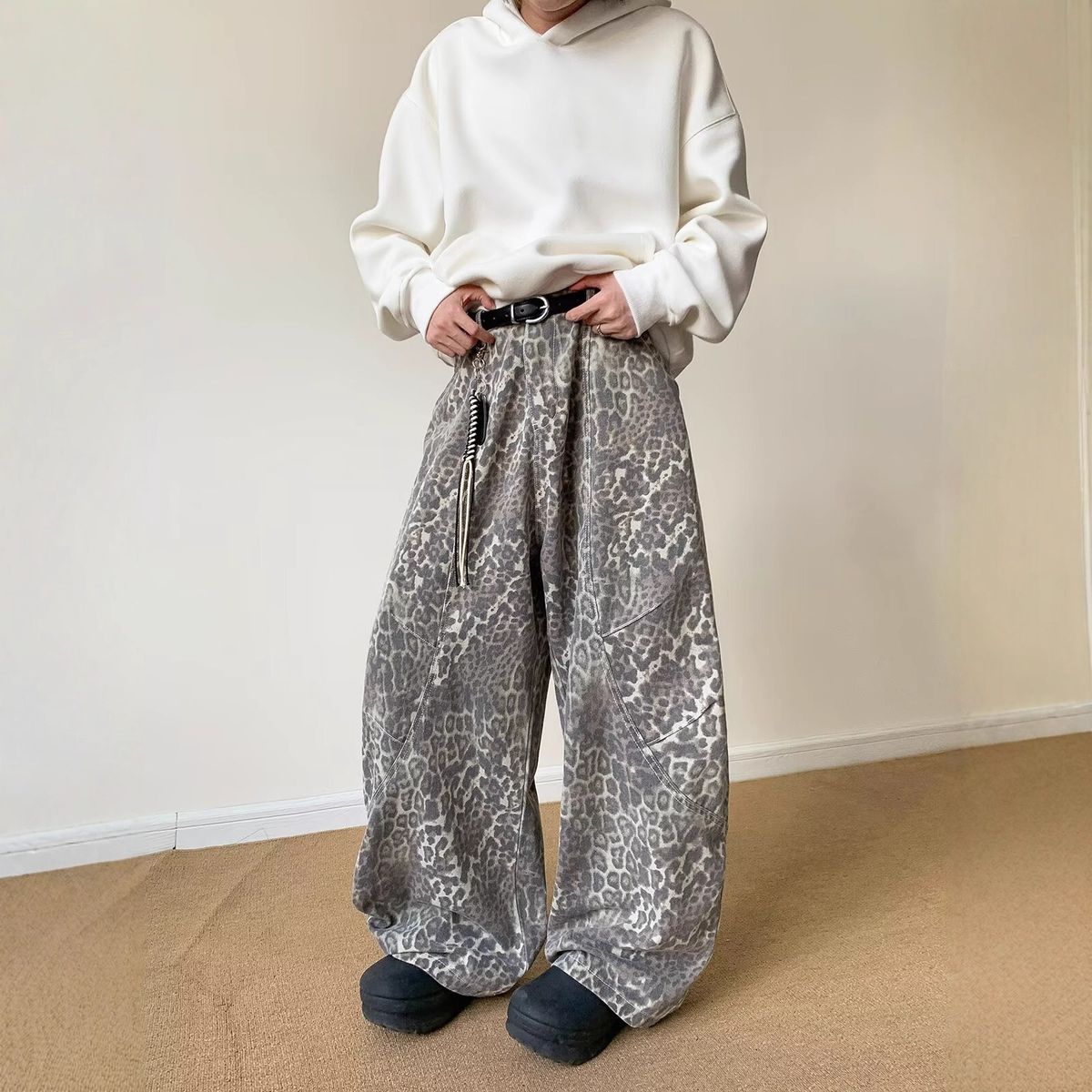 American Washed Leopard Print Wide-leg Tooling Jeans Boys Hiphop Loose Casual Versatile Trendy Pants Ins_mkmklike.com