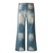 Punk Washed Color-Block Jeans Men's Slightly Vibe Style Distressed Loose Wide-Leg Flared Long Pants_mkmklike.com