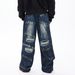 Trendy Distressed Ice-Wash Jeans – Relaxed Straight Fit With Stretch Waist & Hand-Painted Details_mkmklike.com