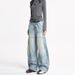 LKTM Vintage Wide-Leg Distressed Denim Jeans Asymmetrical Hem Patchwork Detail Retro American Style for Men And Women_mkmklike.com