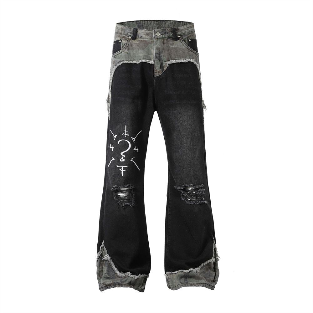 Punk Camouflage Patchwork Ripped Jeans Flared Men's Hippie Trendy Personality Design Pattern Loose Long Pants_mkmklike.com