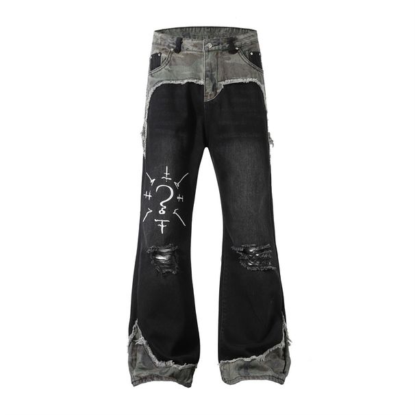 Punk Camouflage Patchwork Ripped Jeans Flared Men's Hippie Trendy Personality Design Pattern Loose Long Pants_mkmklike.com