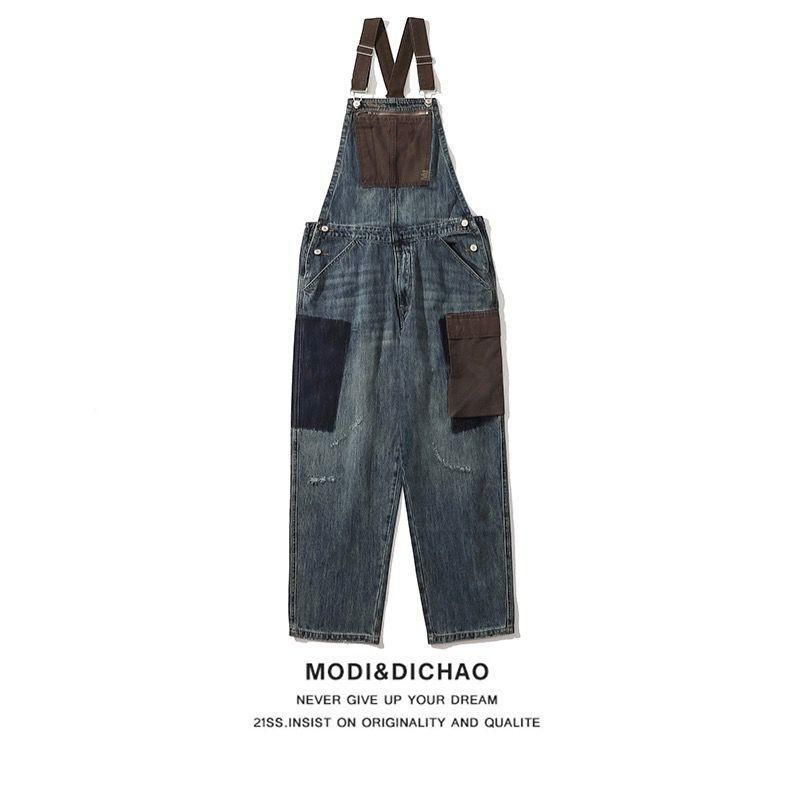 New Retro Denim Overalls Men Women Spring Autumn Color Block Suspender Jeans Jumpsuit Versatile Loose Fit_mkmklike.com