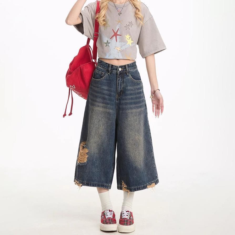 American Retro Washed Ripped Denim Cropped Men Women, High Street Frayed And Distressed Loose Straight-leg Capri Pants_mkmklike.com