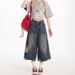 American Retro Washed Ripped Denim Cropped Men Women, High Street Frayed And Distressed Loose Straight-leg Capri Pants_mkmklike.com