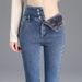 "Women's High-Waisted Fleece-Lined Skinny Jeans – Stretch Denim Pants With Button Details (Black/Retro Blue/Smoke Grey, Sizes 25-32)"_mkmklike.com