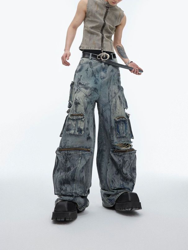 Artillery Cargo Jeans – Heavyweight Distressed Denim Pants With Multi-Pockets & Relaxed Wide-Leg Fit (M-3xl) – Vintage Streetwear In Light Blue_mkmklike.com