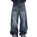 American Niche Design Washing Water Ripple Ripped Blue Jeans Men's And Women's Trend Ruffian Handsome Splicing Straight Casual Pants_mkmklike.com