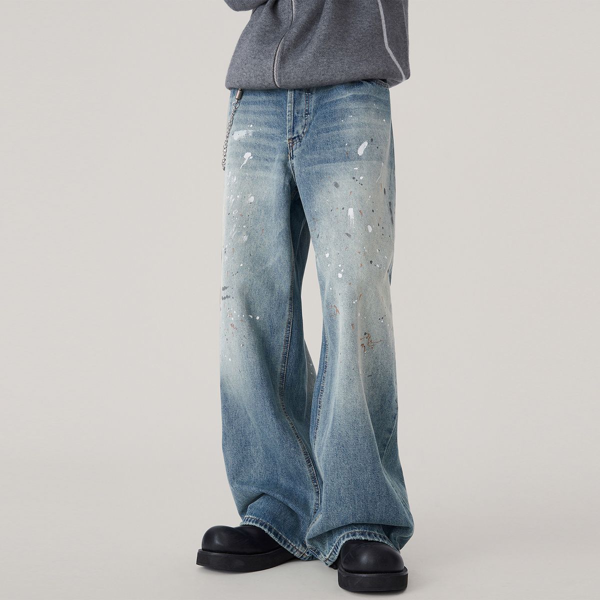 Men's Distressed Ink Splash Jeans - Loose Fit Straight Leg High Street Pants With Vintage Wash & Streetwear Style_mkmklike.com