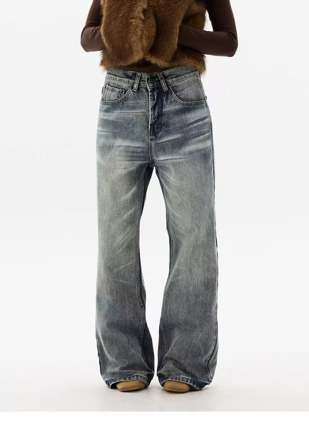 Unisex Distressed Slim Fit Wide Leg Jeans High Waisted Retro Straight Leg Cotton Pants For Autumn/Winter Casual Style_mkmklike.com